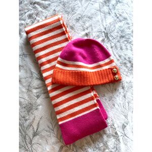 Kate Spade EUC Hat Scarf Set Orange Cream Pink Barbie Gold Accent 100% Wool
